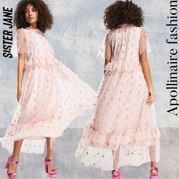 SISTER JANE SOUVENIR HEARTS MIDI DRESS IN VEILED ROSE PINK LARGE - Picture 1 of 9